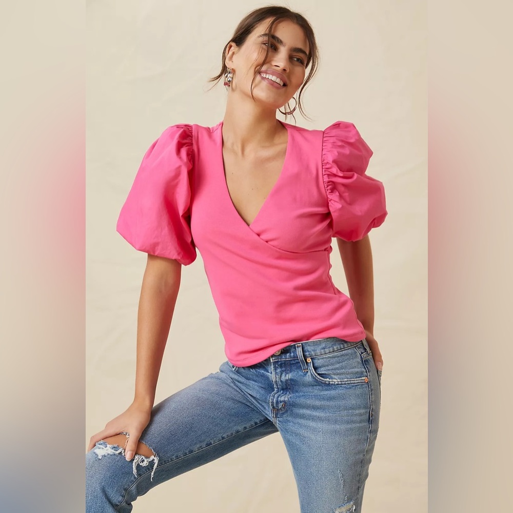 Maeve Puff-Sleeve Wrap Top - Pink